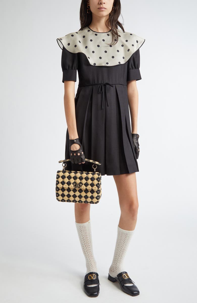 Polka Dot Bib Collar Pleated Shantung Silk Minidress