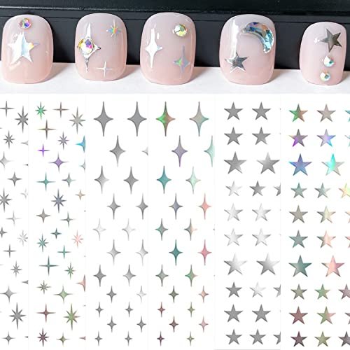 Star Nail Aurora Silver Star Nail Art Decal Stickers for Women, Girls & Kids - Self-Adhesive, Pack of 6