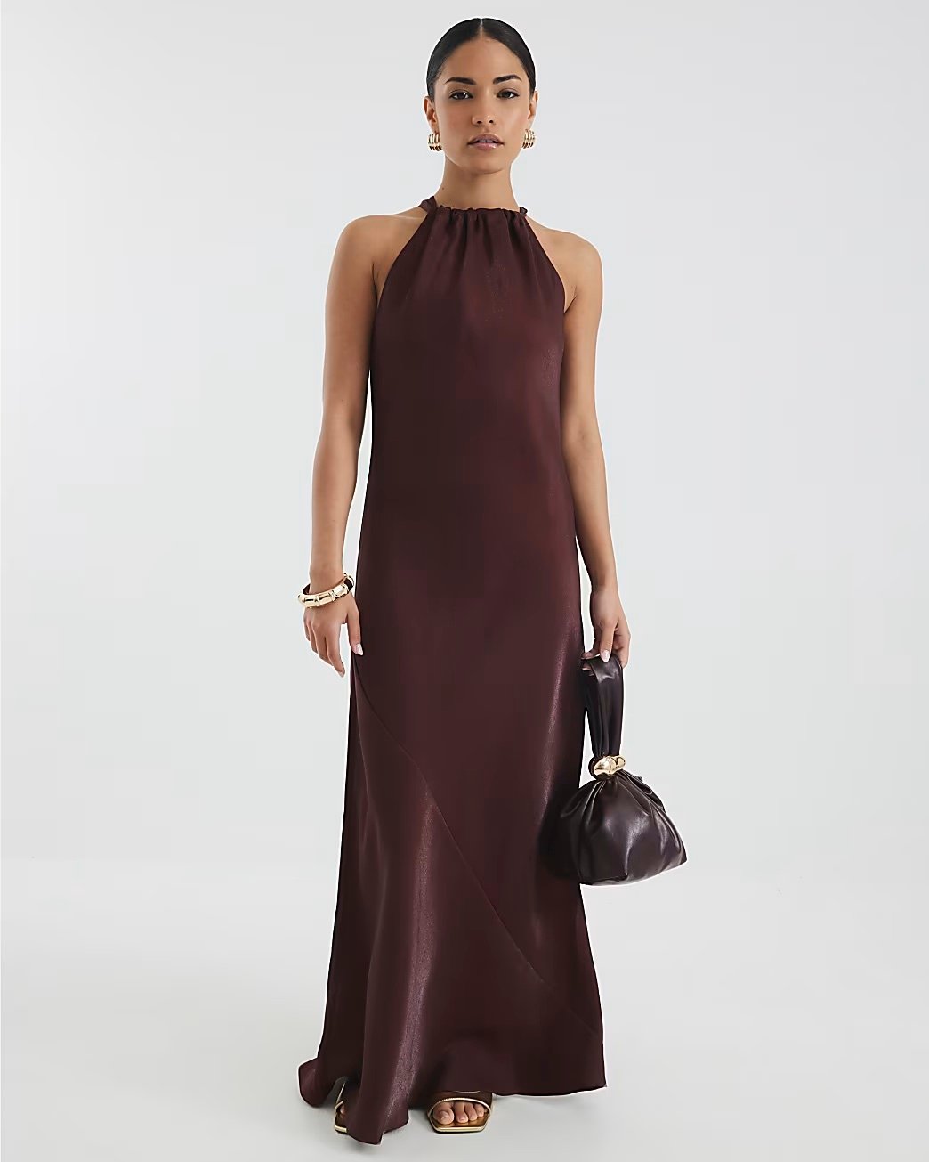 Petite Brown Satin Halter Neck Maxi Dress