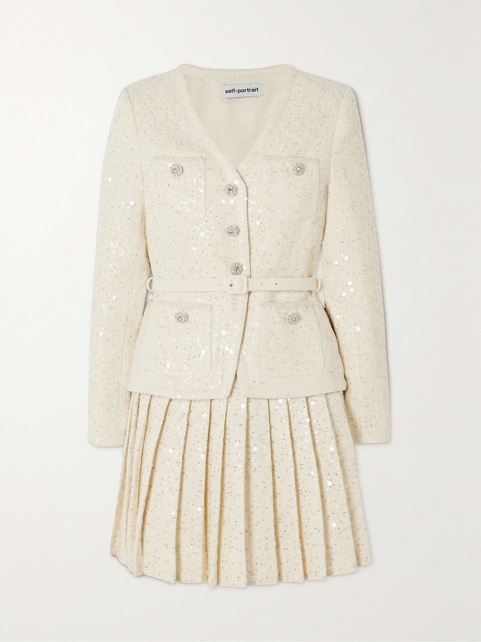 Belted Embellished Bouclé Mini Dress