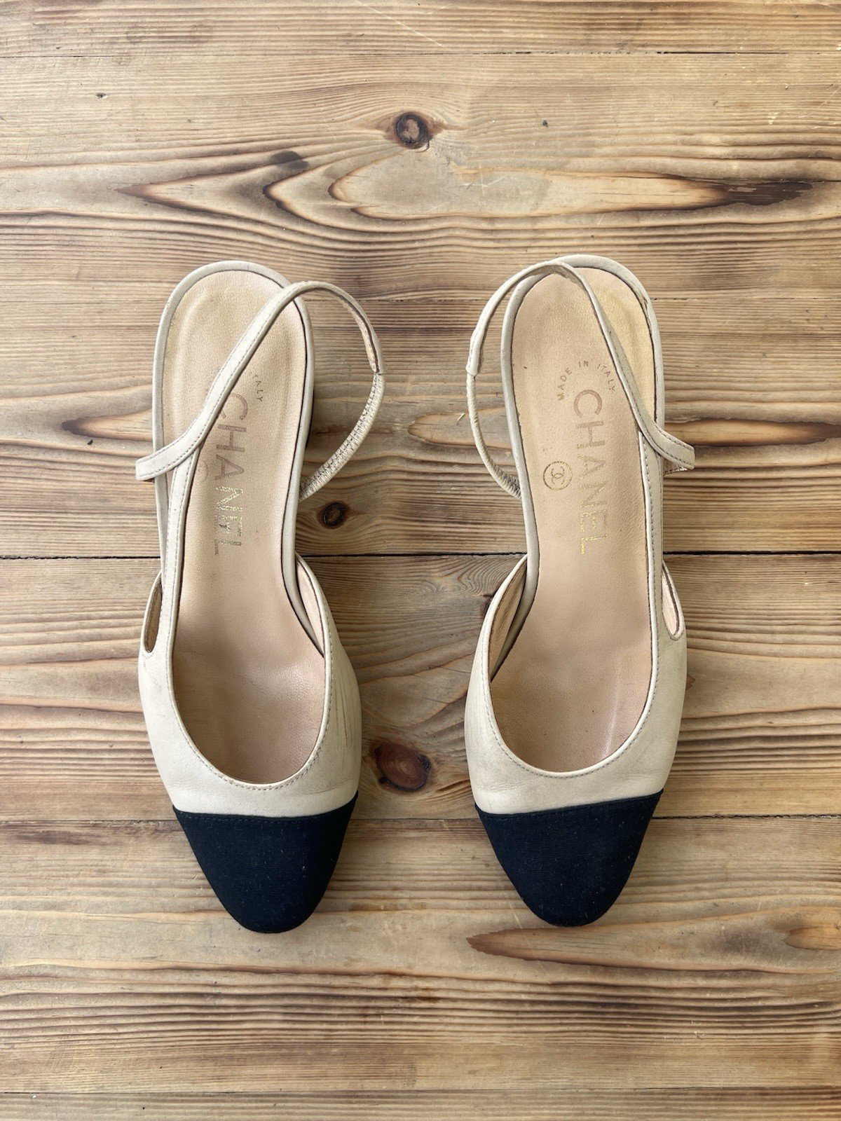 Chanel Slingback Grosgrain Beige & Black Eu 35c|4 Us|uk