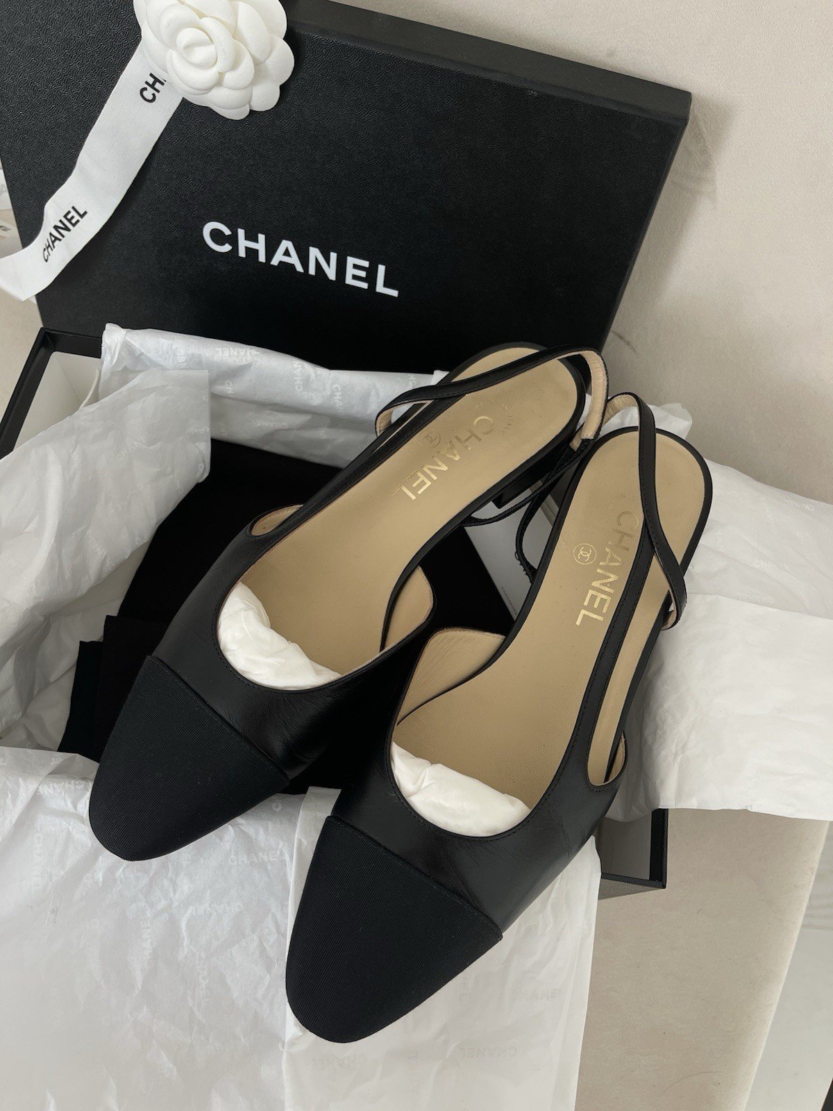 Chanel Black Flat Slingbacks Uk 7 Used Size 40