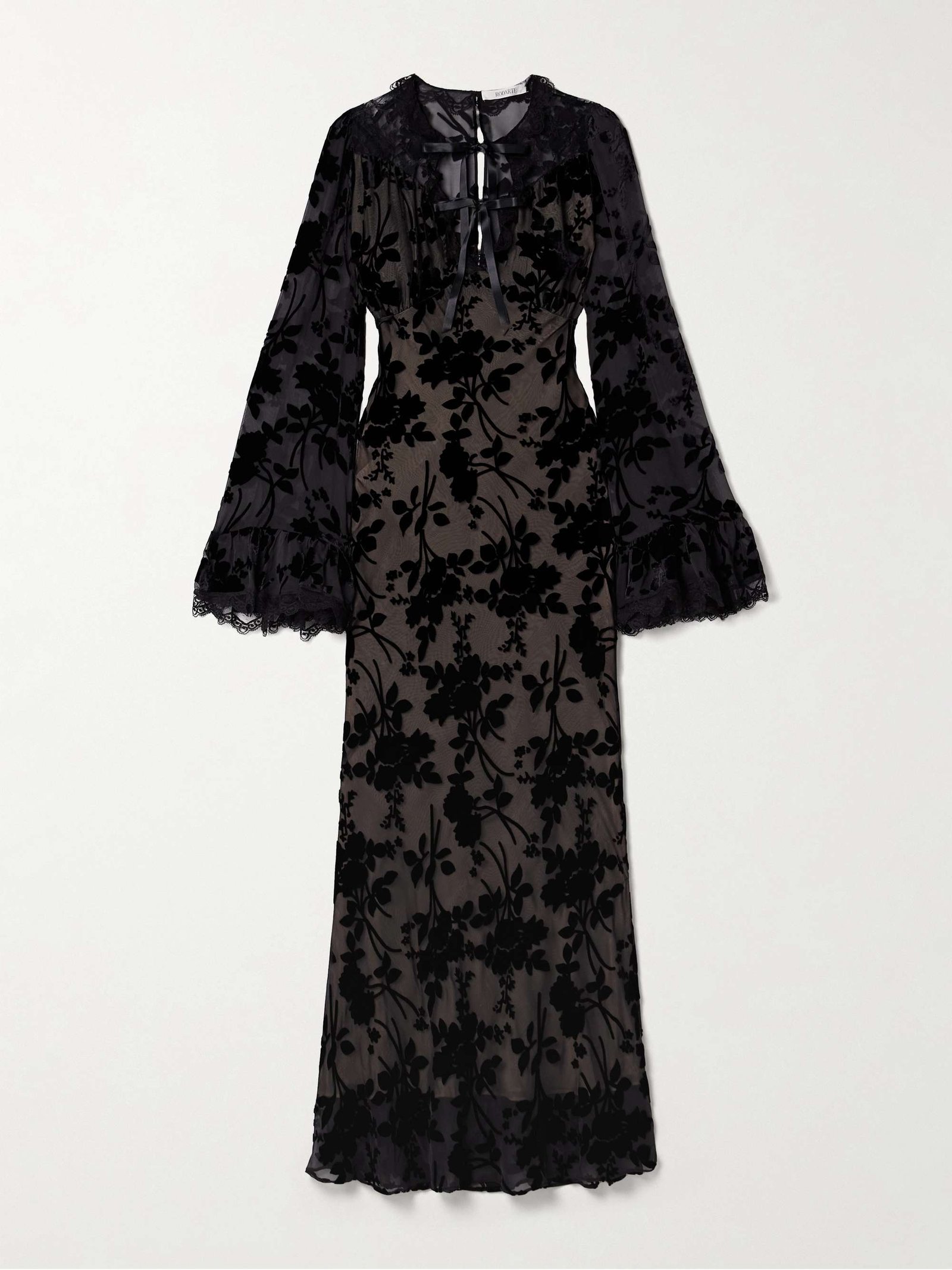 Cotton-Blend Lace-Trimmed Devoré-Chiffon Maxi Dress