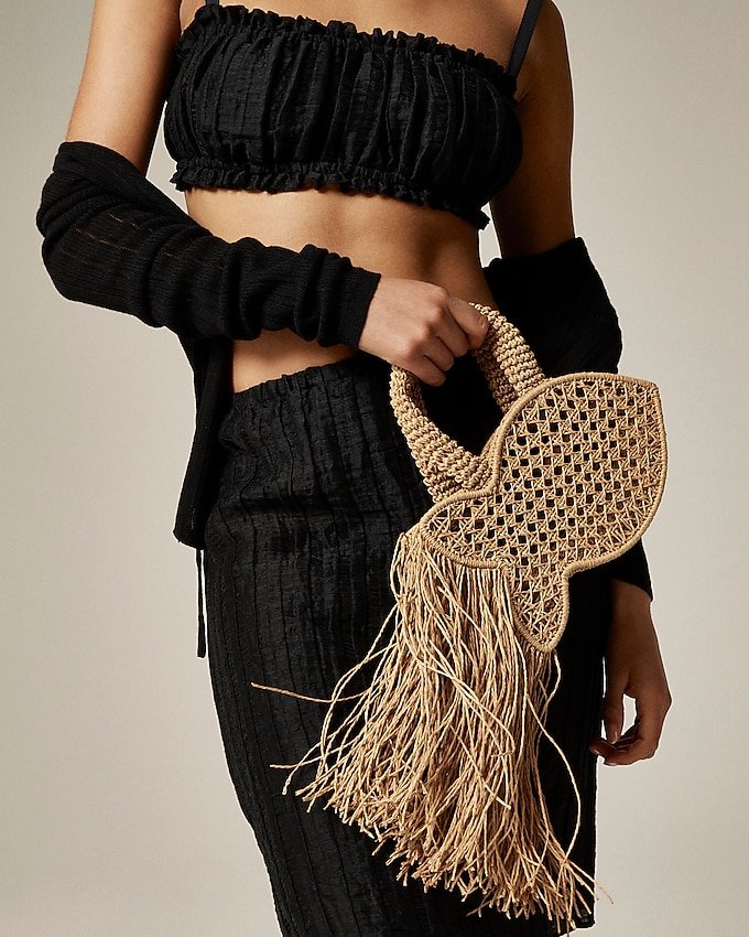 Handknotted Raffia Fish Bag With Straw Fringe