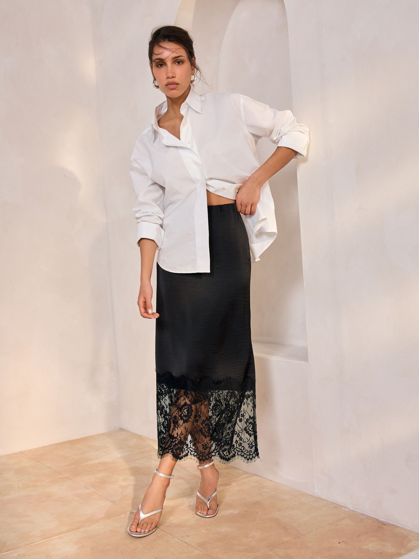 Black Satin Midi Skirt With Lace Trim