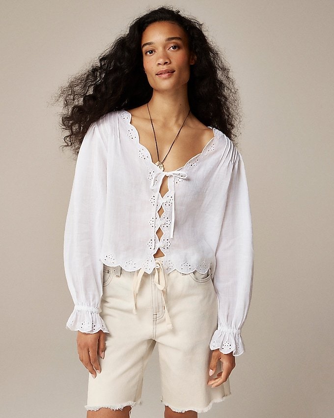 Scallop-Trim Tie-Front Top in Ramie