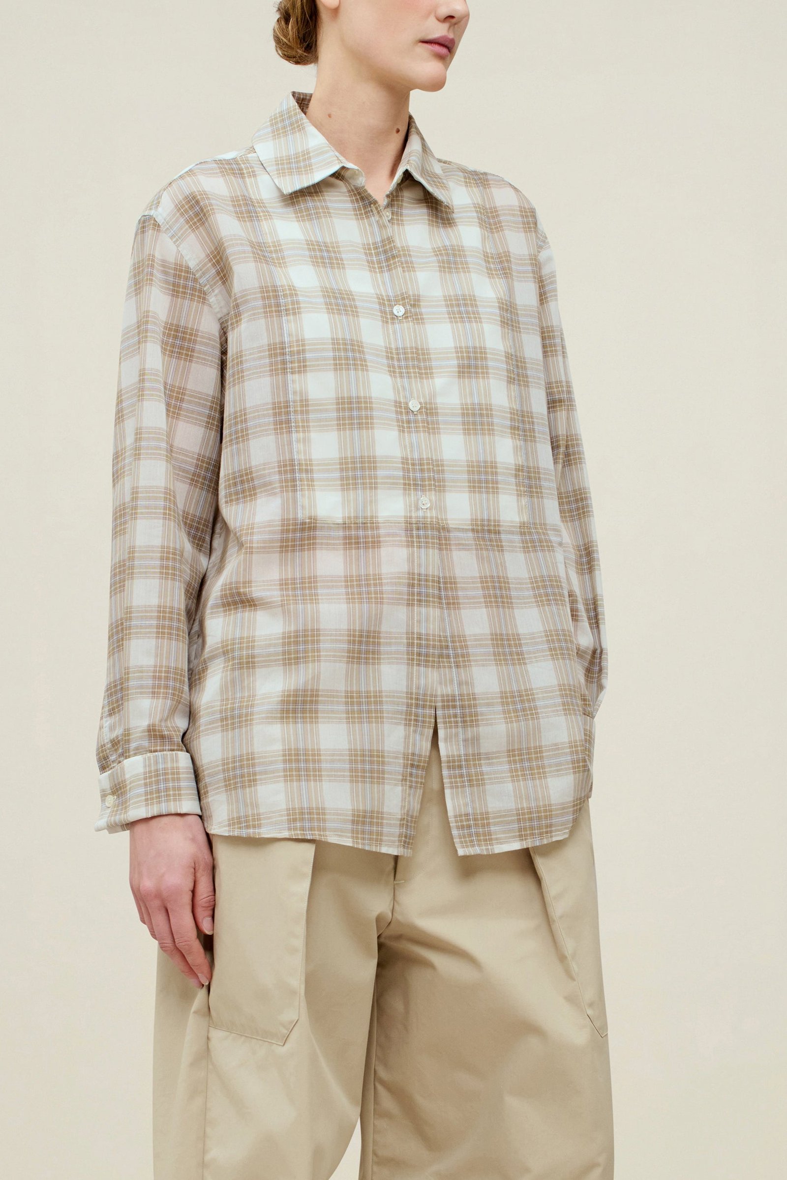 Chloé Bib Button Down in Beige Plaid