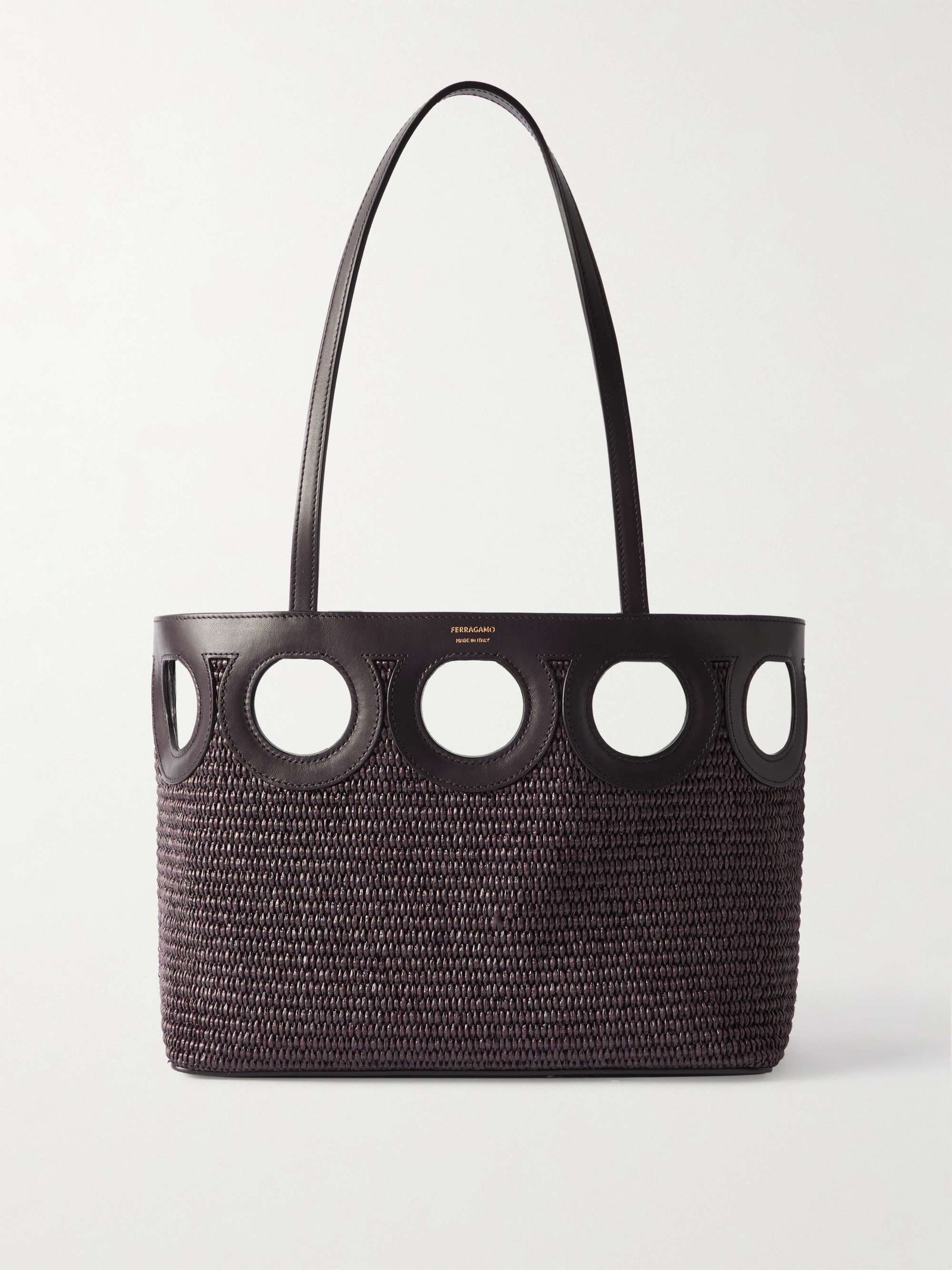 Leather-Trimmed Raffia Tote