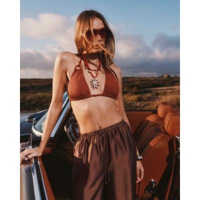 Brown Ribbed Triangle Ring Bikini Top