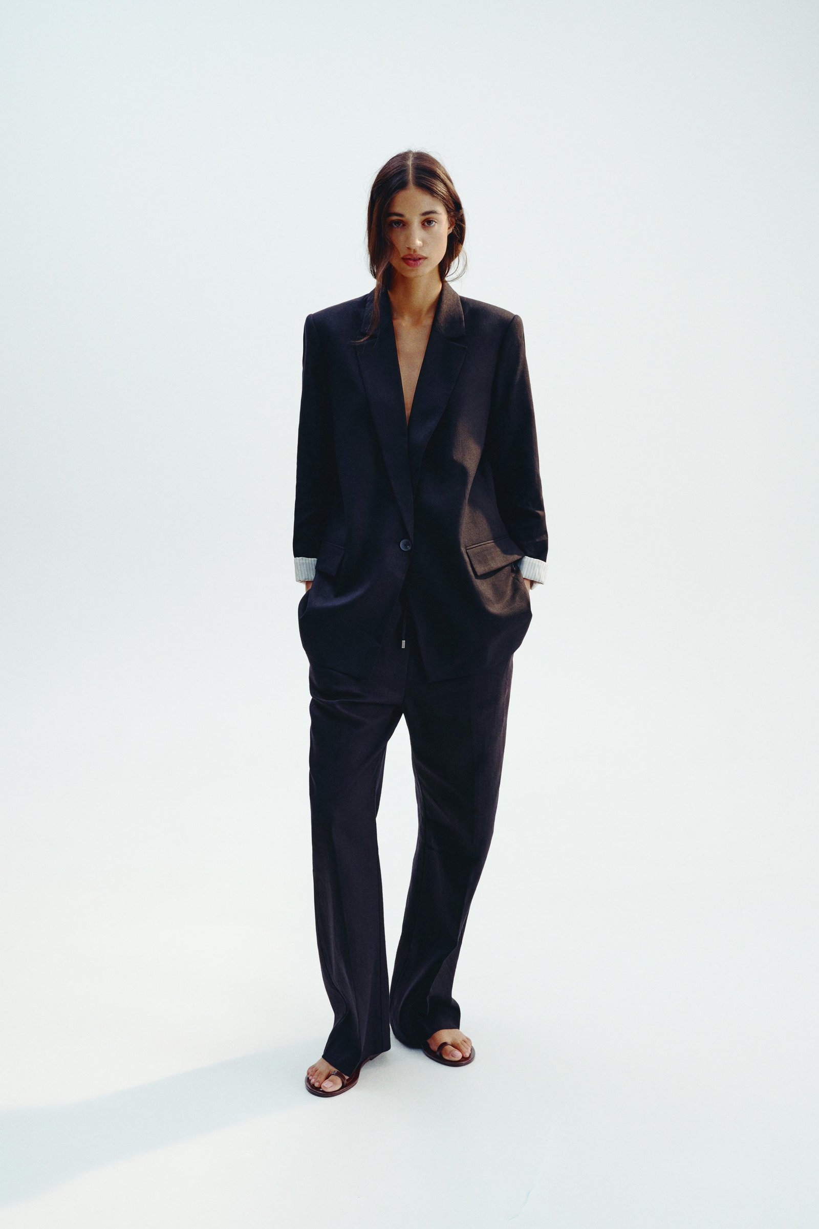 Linen Blend Blazer With Printed Cuffs