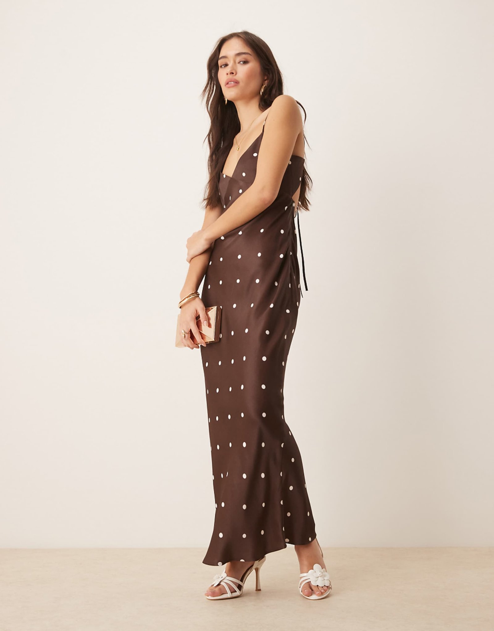Asos Design Satin Tie Back Maxi Dress in Chocolate Polka Dot