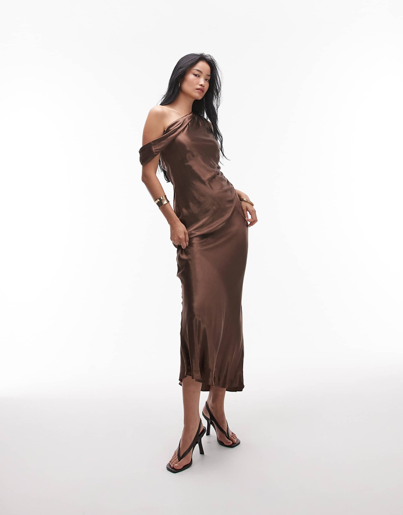 Topshop Drape Neck Off Shoulder Midi Occasion Dress in Chocolate