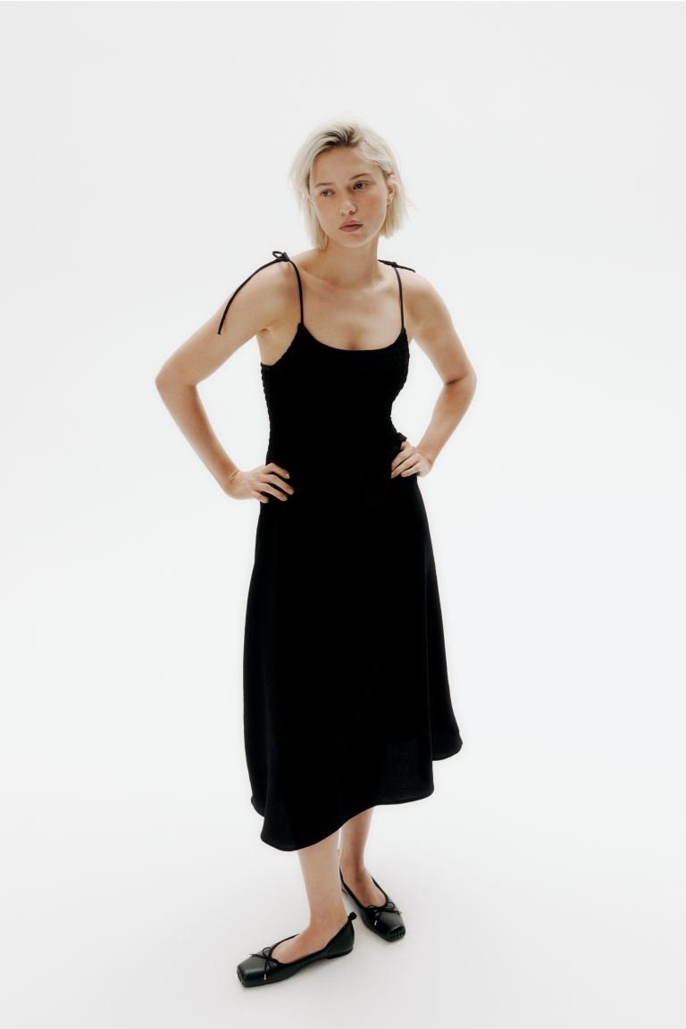 Tie-Shoulder-Strap Smocked Dress