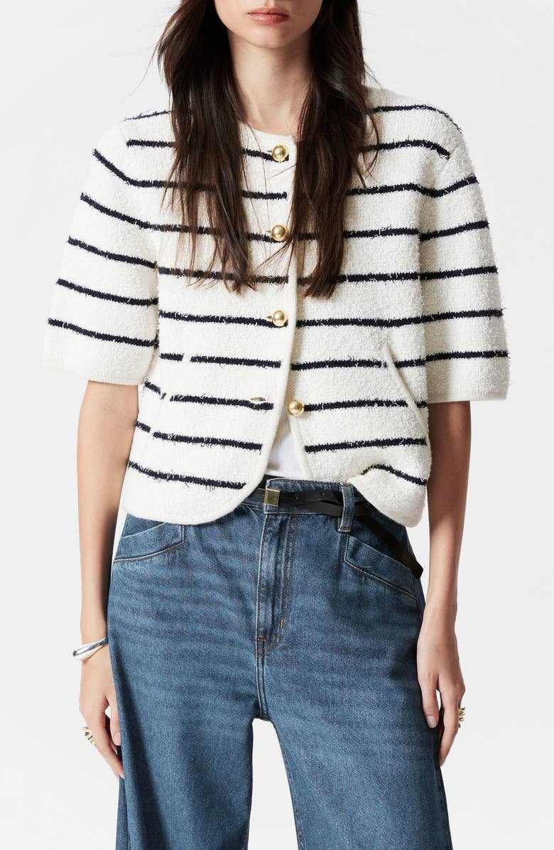 Stacy Stripe Short Sleeve Cotton & Wool Blend Cardigan