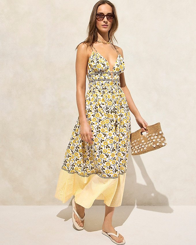 Cotton Voile Plunge Maxi Dress in Daffodil Daze Block Print