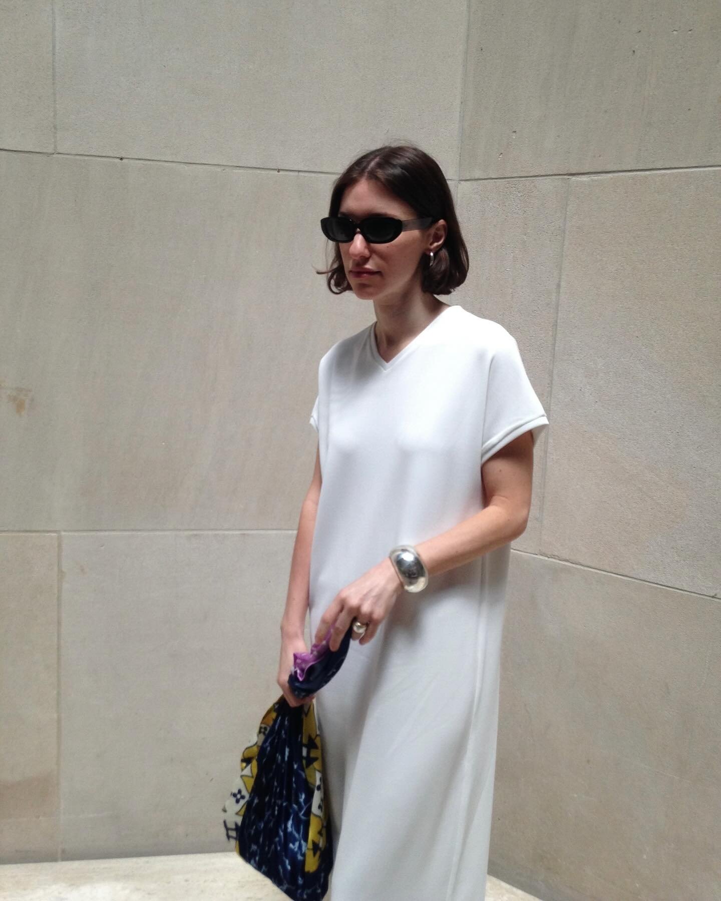 Laura Reilly wearing a long T-shirt dress.
