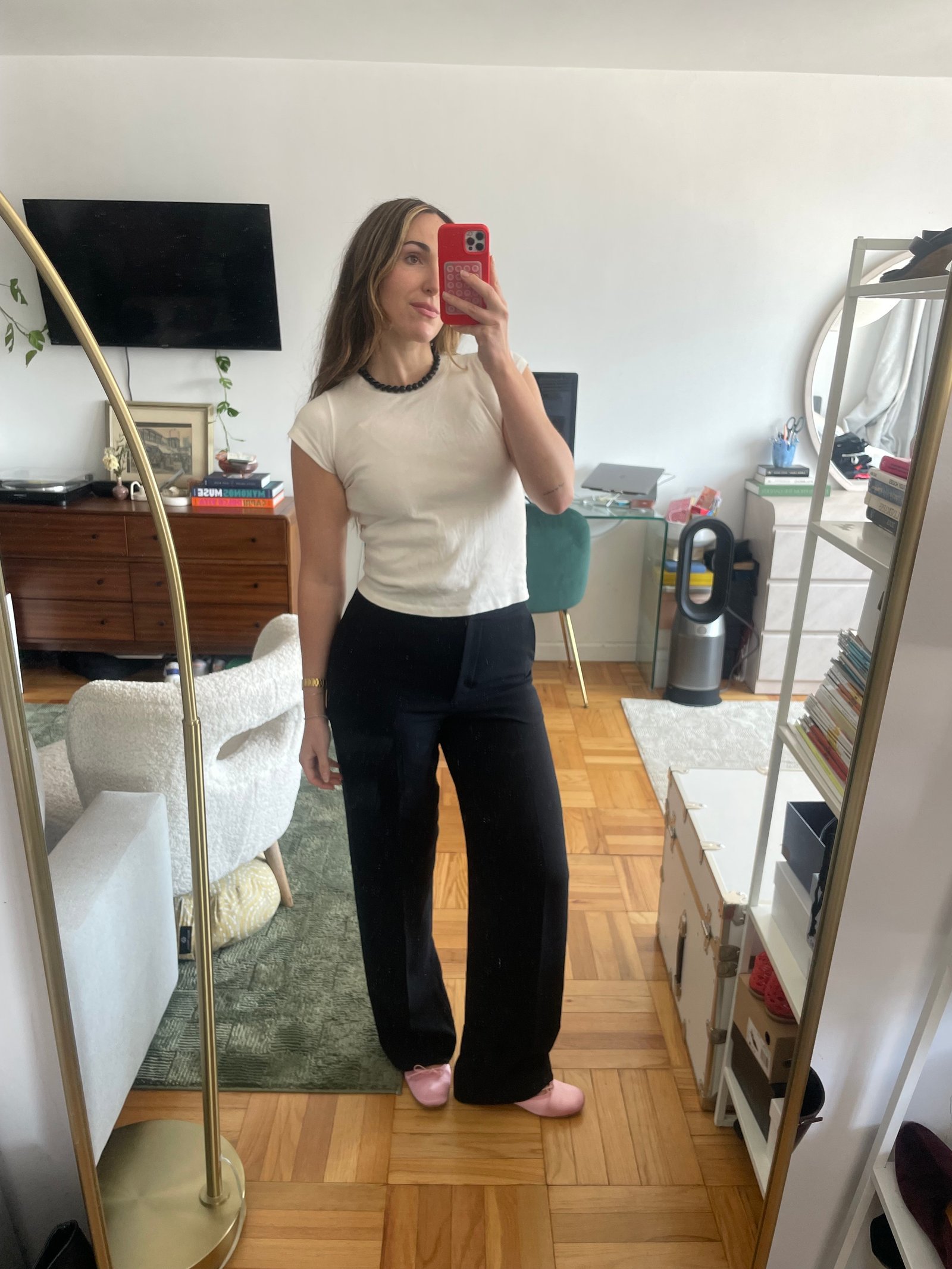 Anna LaPlaca wearing the best affordable alternatives to The Row Gala Pants
