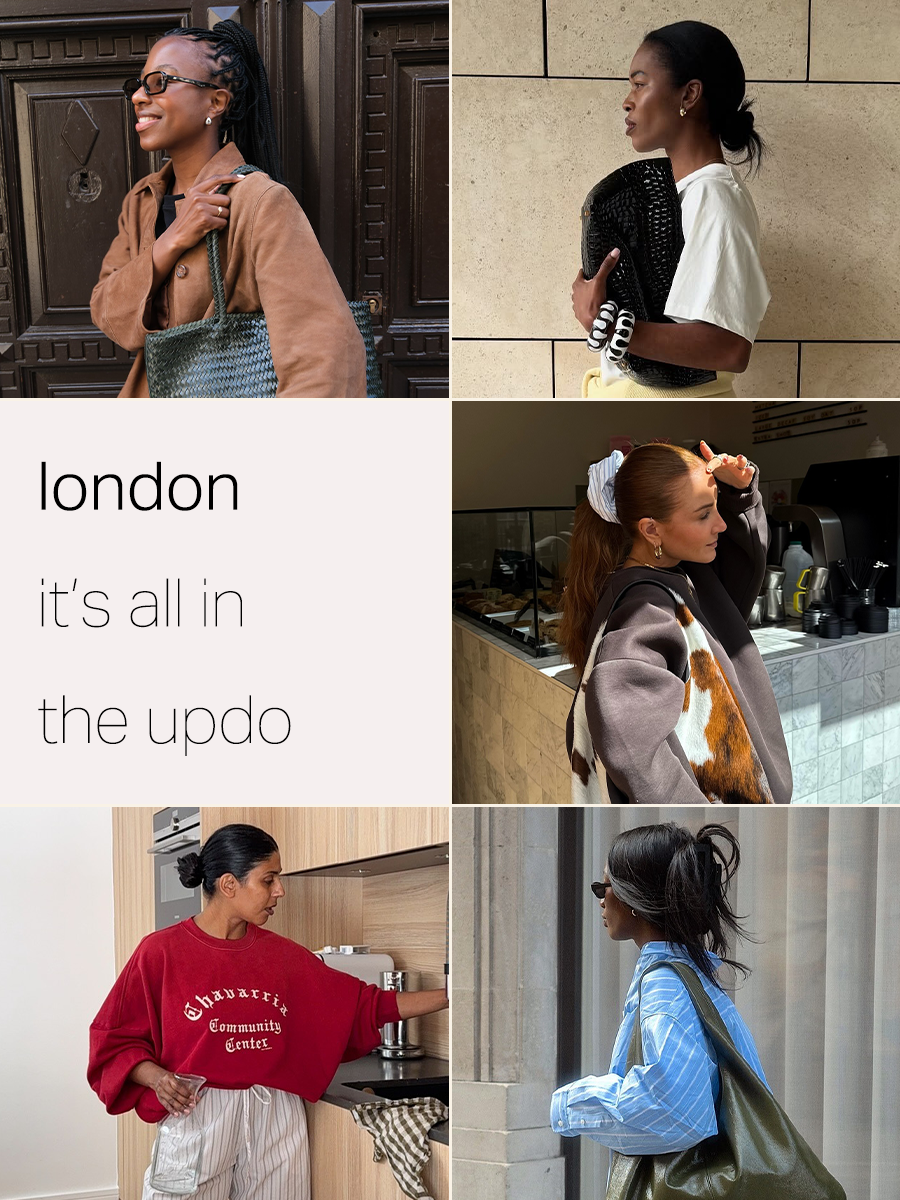 5 women in London wearing updo hairstyles including ponytails, claw clips and slicked-back buns