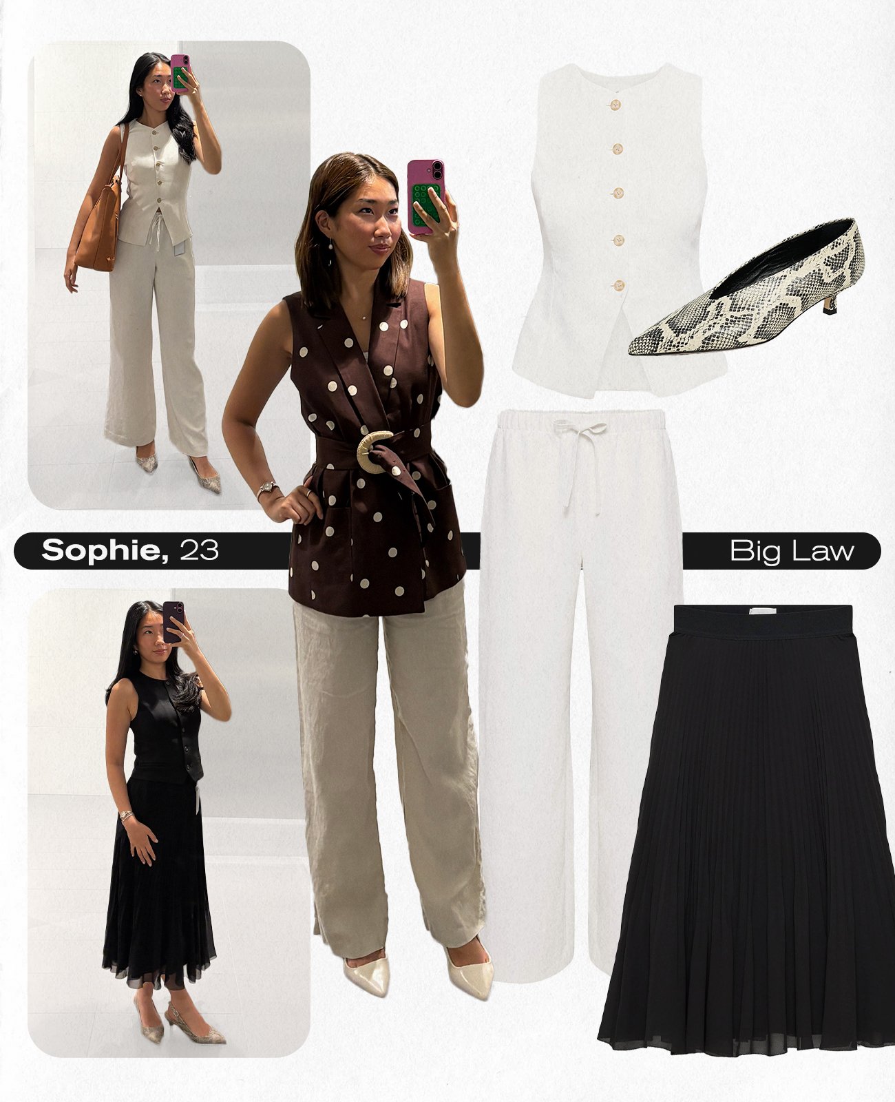Photo collage of Gen Z corporate work outfits.
