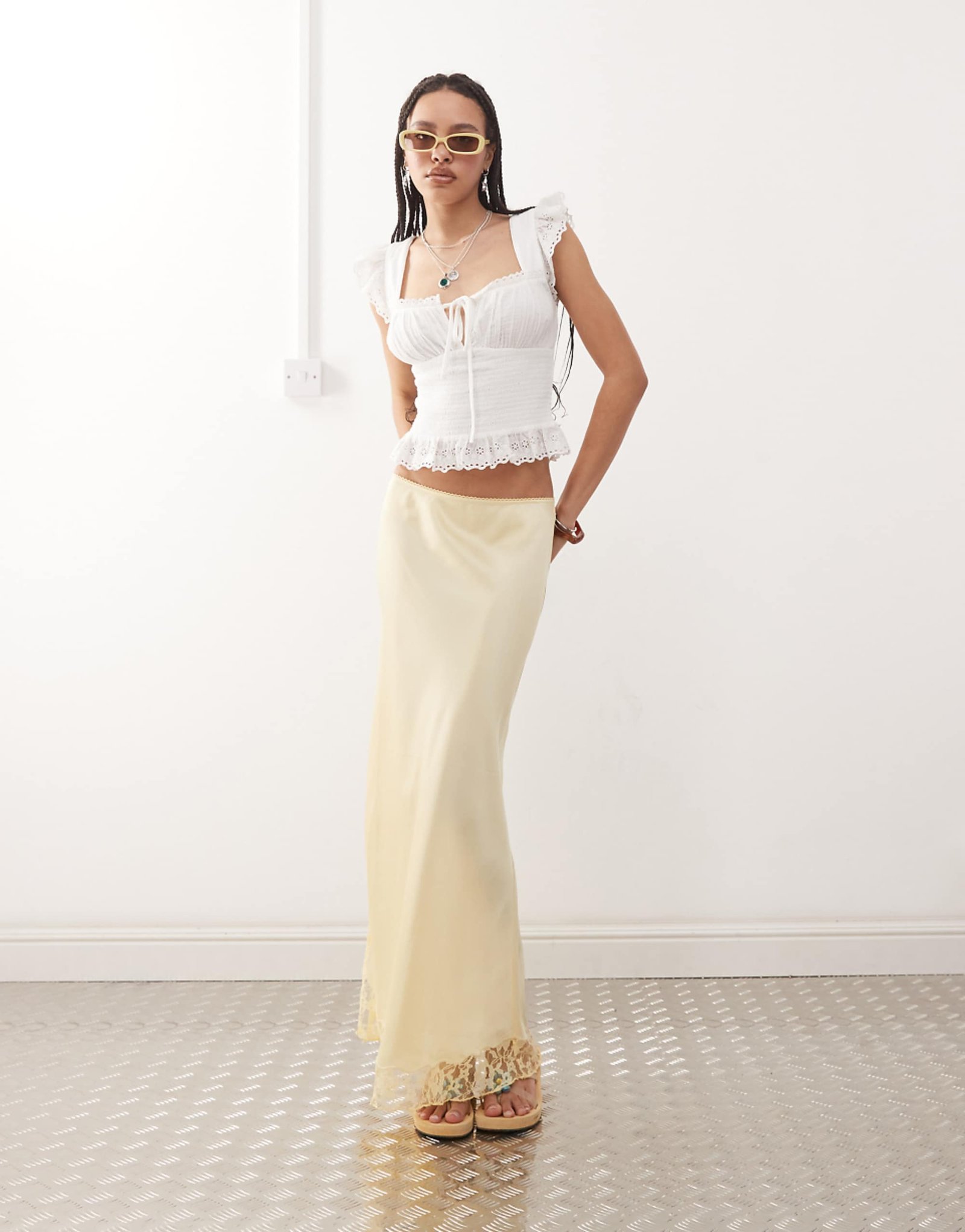 Reclaimed Vintage Satin Midi Skirt With Lace Trim in Buttermilk Yellow