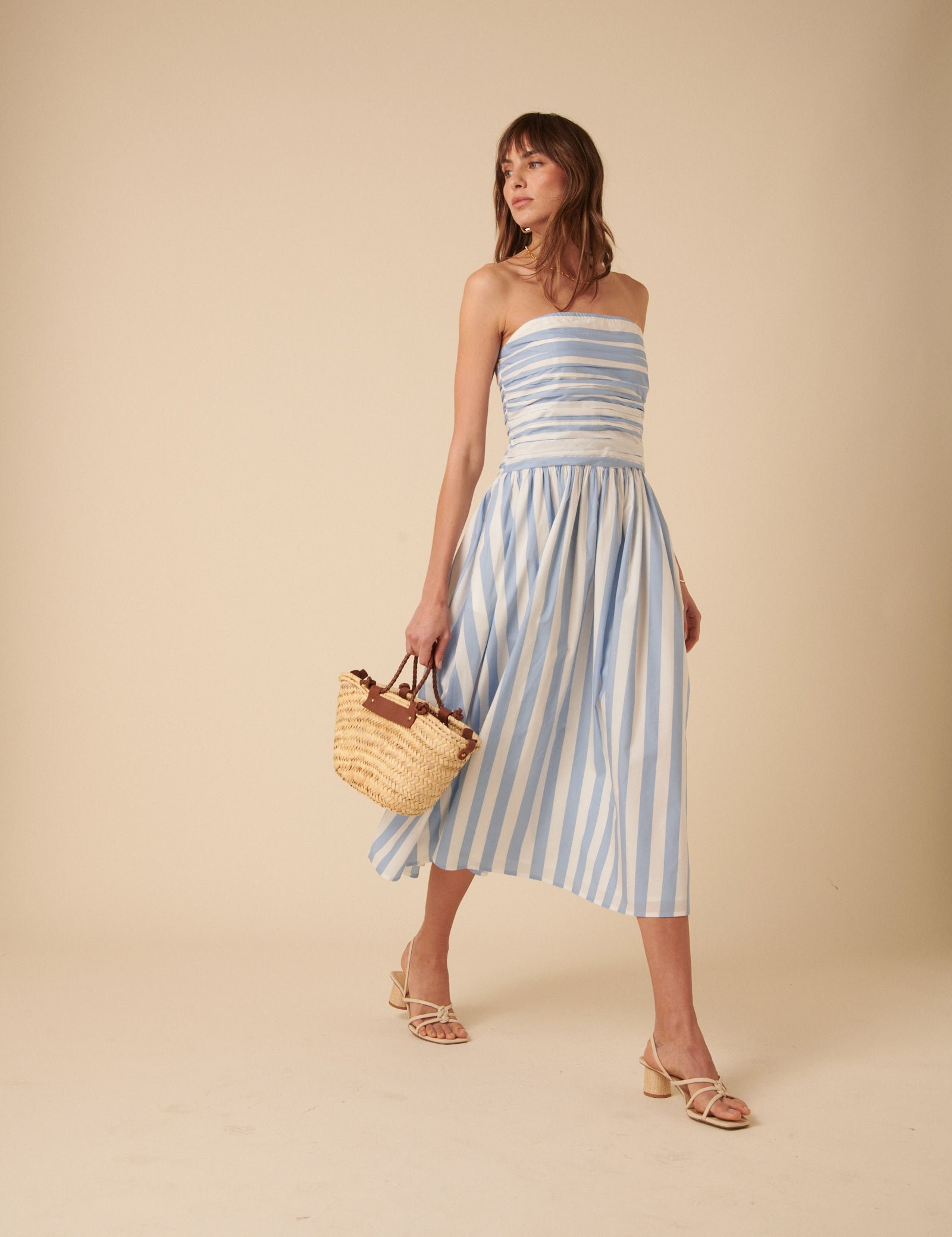 Blue and White Striped Bandeau Felicity Midi Dress