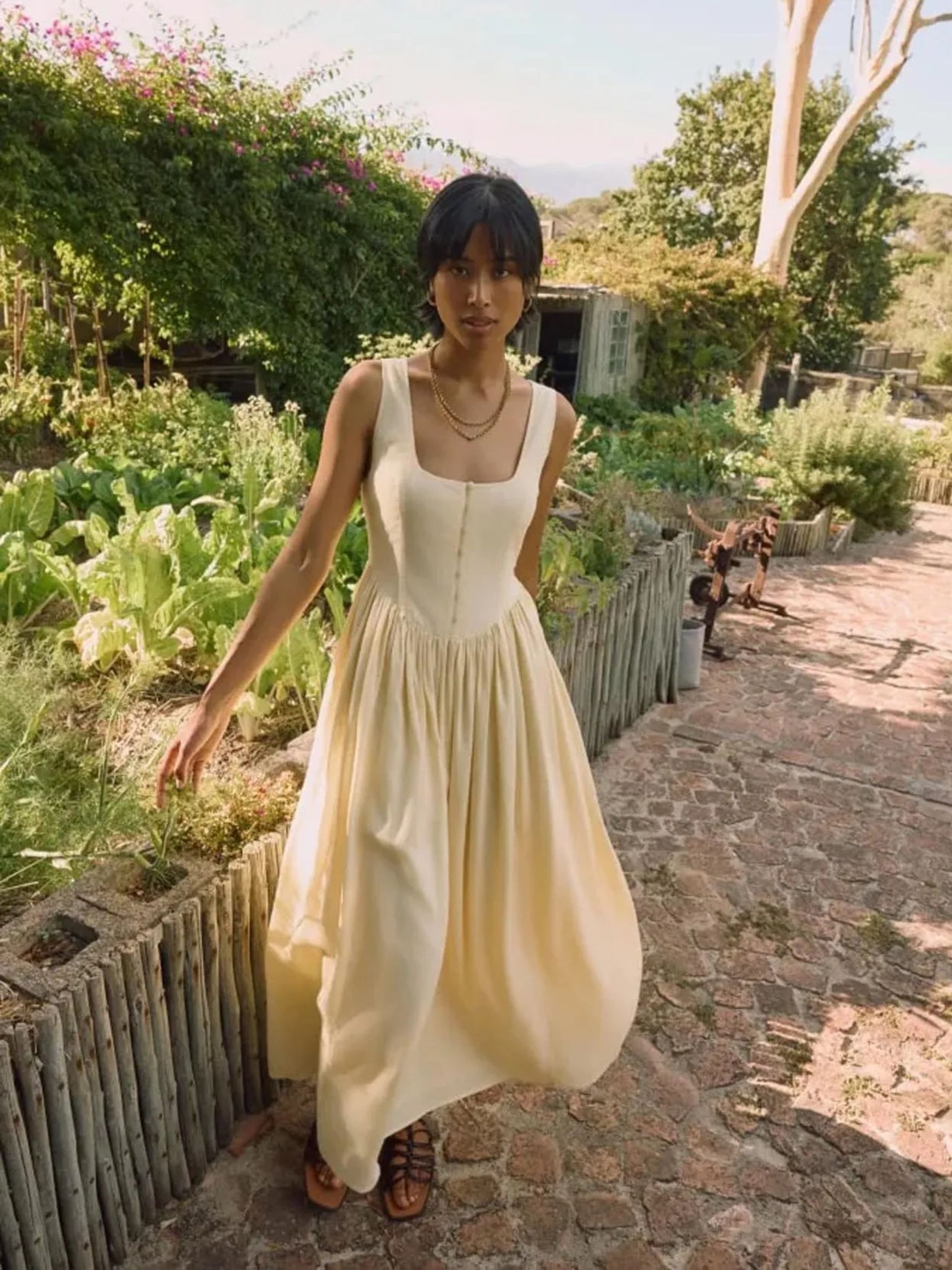 Butter Yellow Linen-Blend Cora Midi Dress