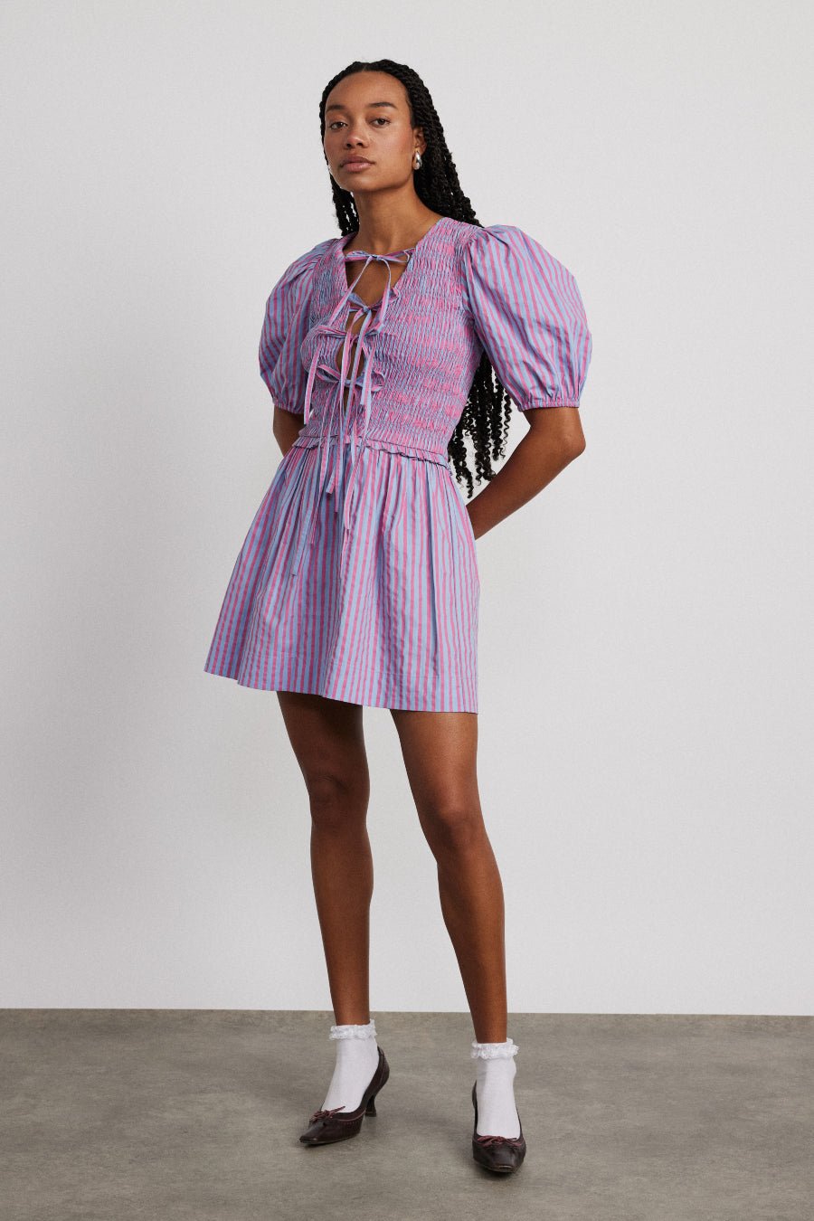 Bluebelle Shirred Mini Dress - Pink & Blue Stripe