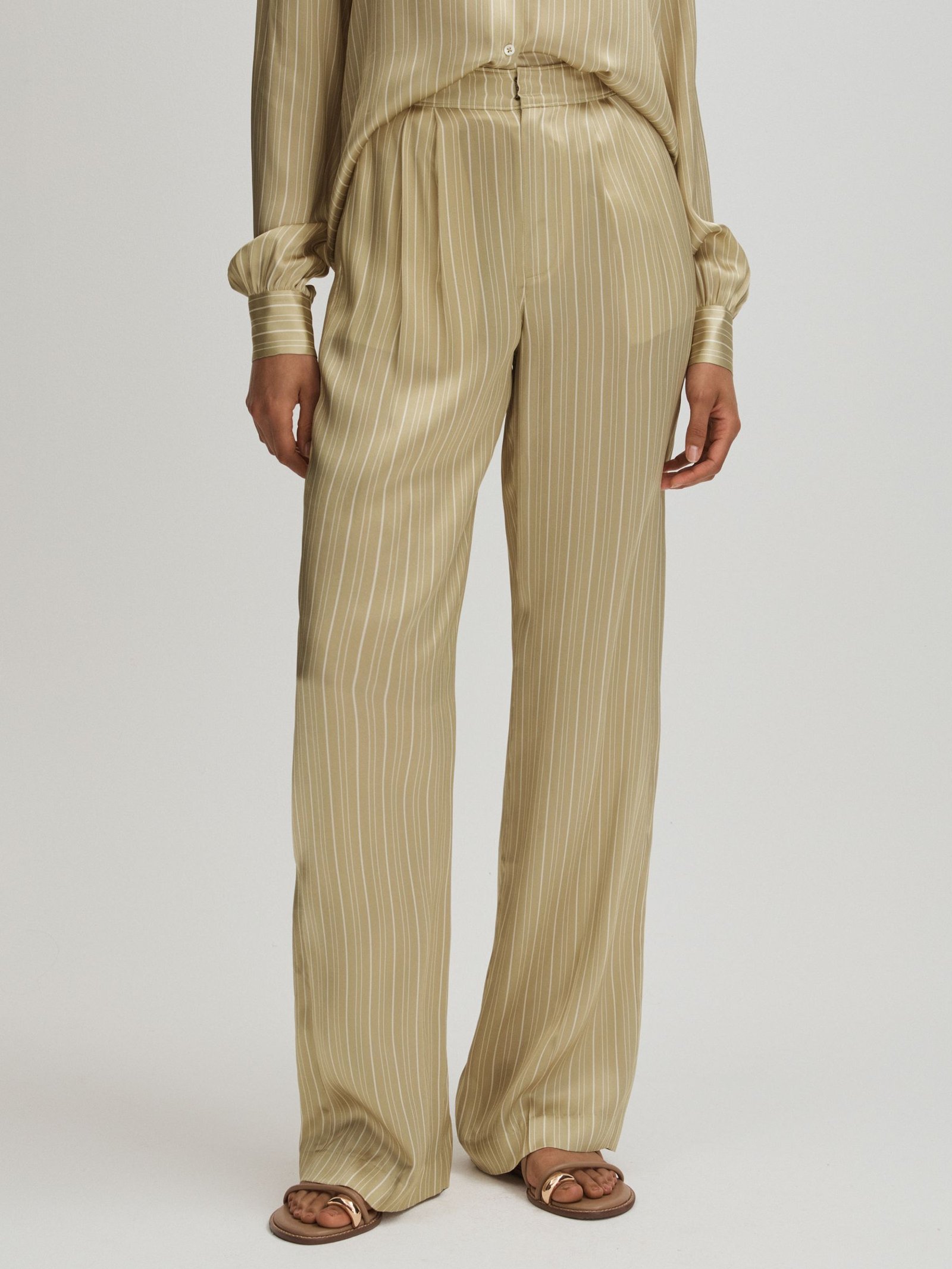 Garrett Olive Paige Silk Striped Wide Leg Trousers