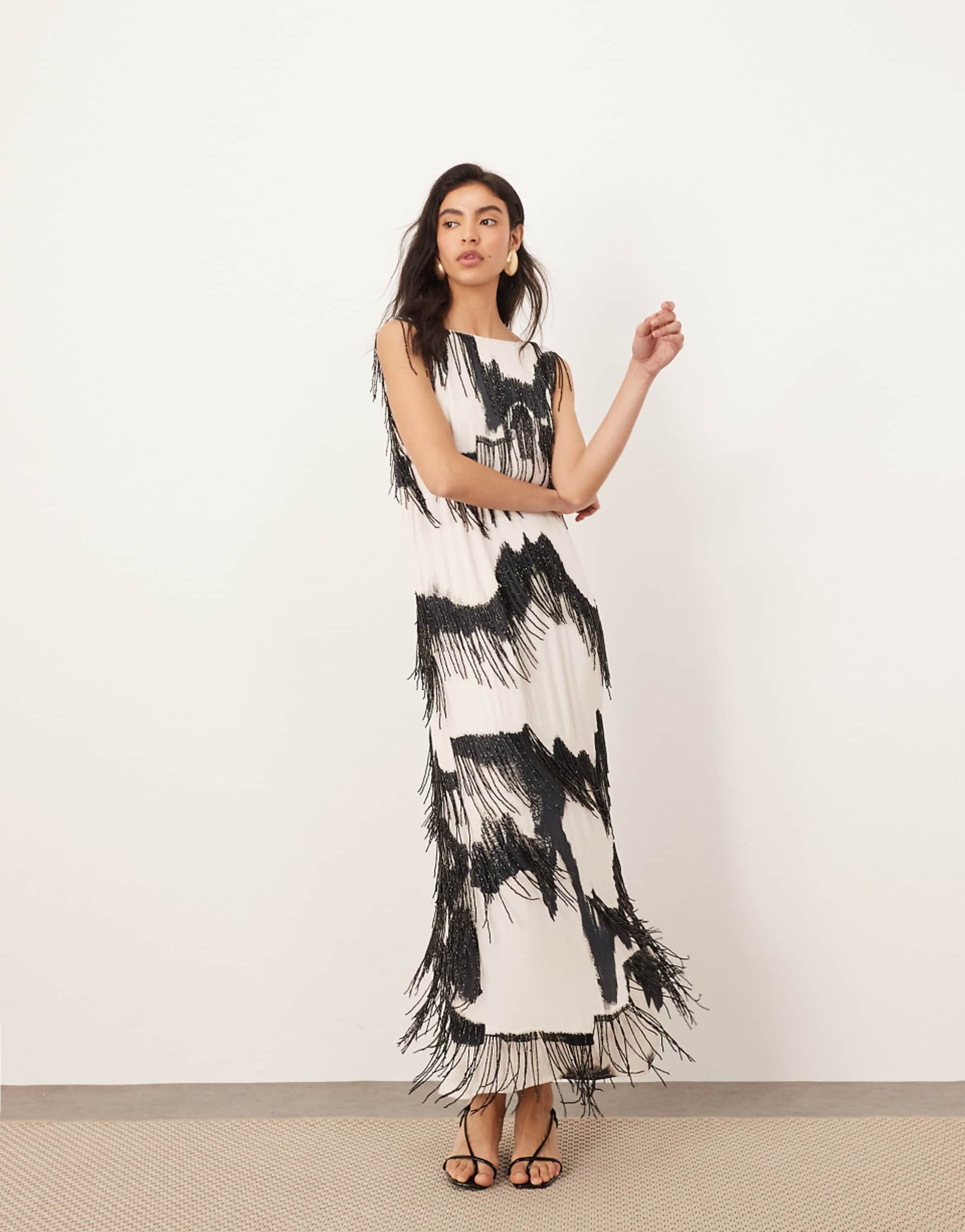 Arrange Fringe Embellished Minimal Column Midi Dress in Monochrome Print