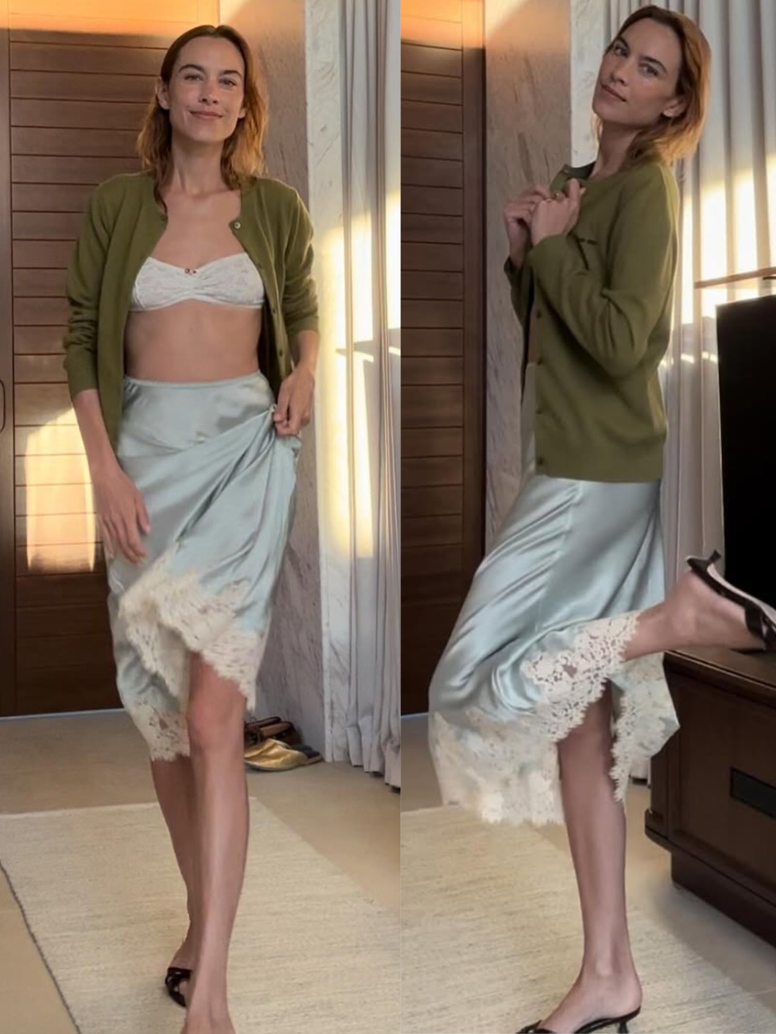 Annie wears silks skirts, Alexa Chung wears silk skirt on holiday