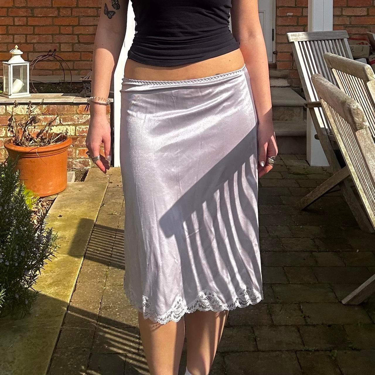 Light Grey Silk Midi Skirt With Lace Trimmings -...