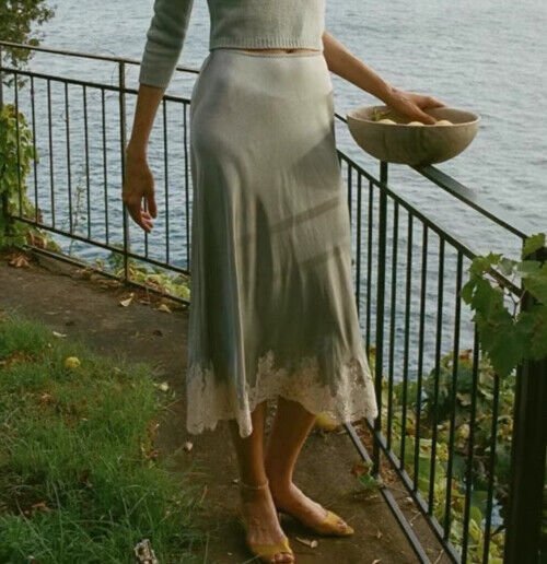 Women Doen Silk Lace Embellished Satin A-Line Midi Skirt New2025