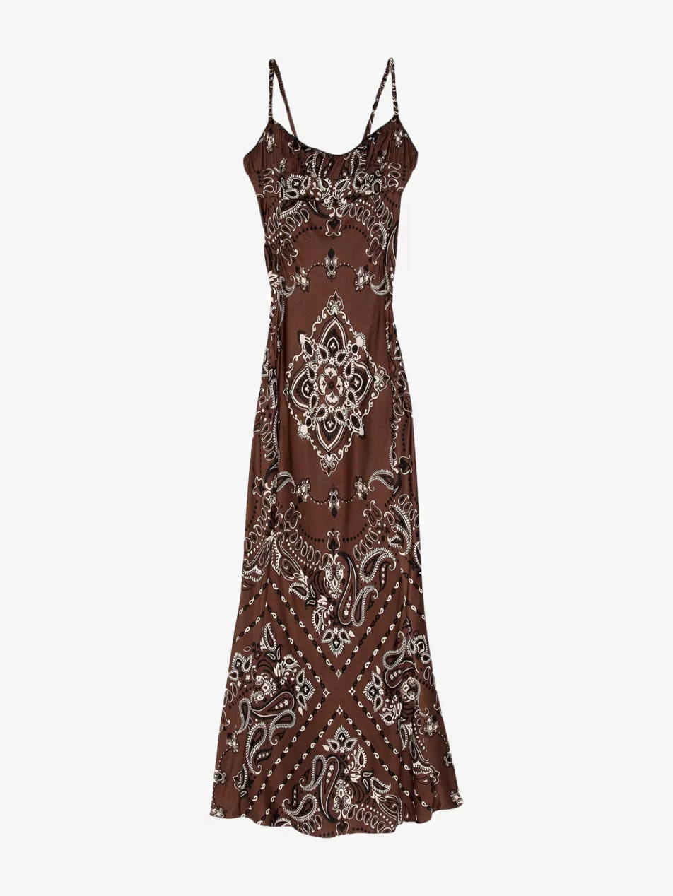 Bandana-Print Sleeveless Satin Maxi Dress