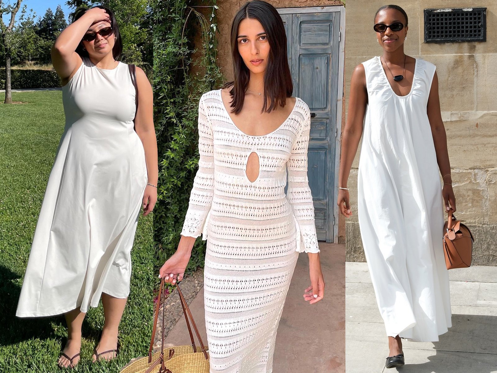 collage of style influencers including Marina Torres, Salomé Mory, and Taffy Msipa wearing chic white dresses