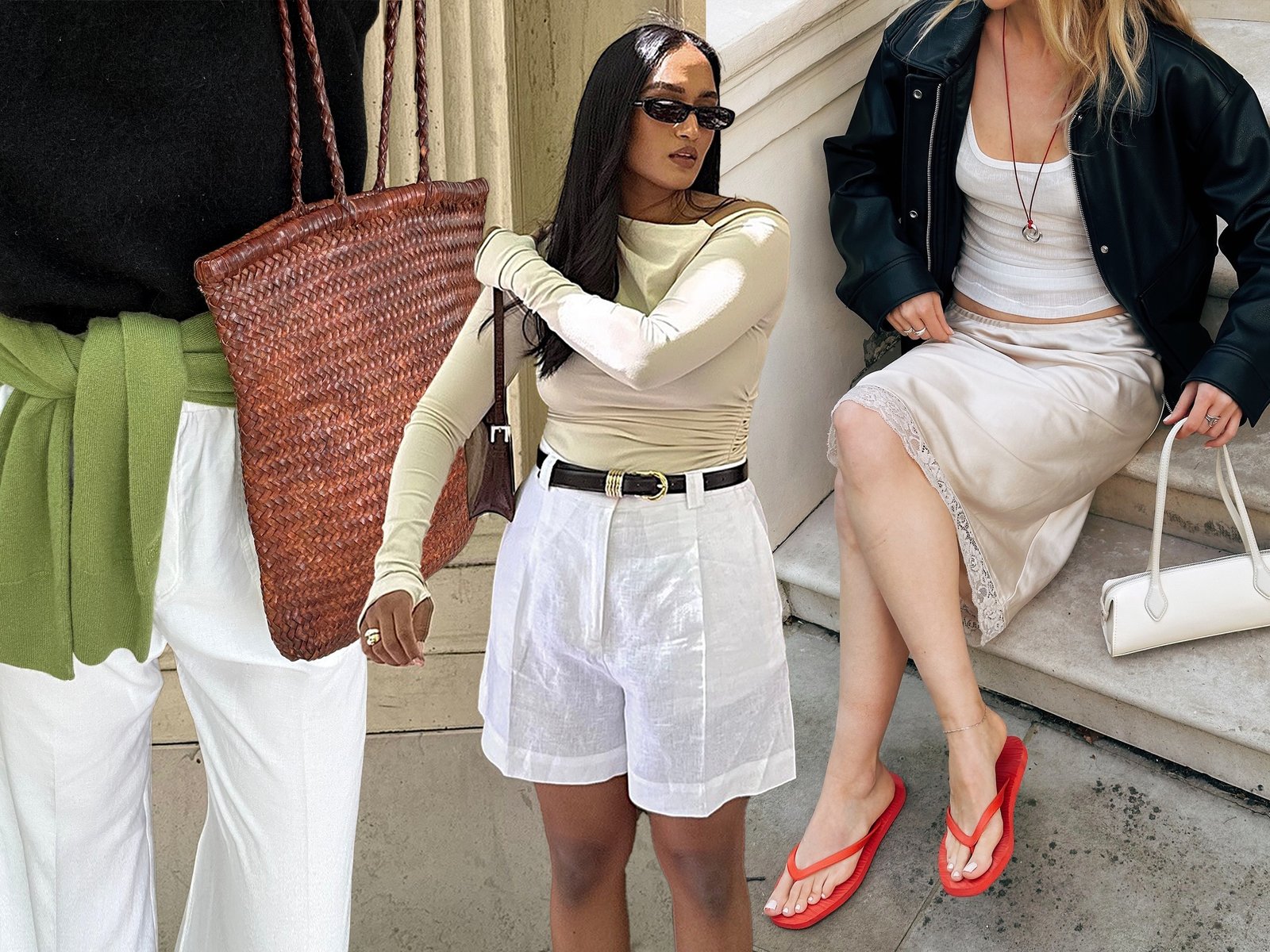 Fashion collage featuring Anna Howard, Div Ravindran, and Chloe Butler wearing chic summer outfits, including linen pants, a woven bag, polished shorts, a lace-hem slip skirt, red flip-flops, and an east-west bag.