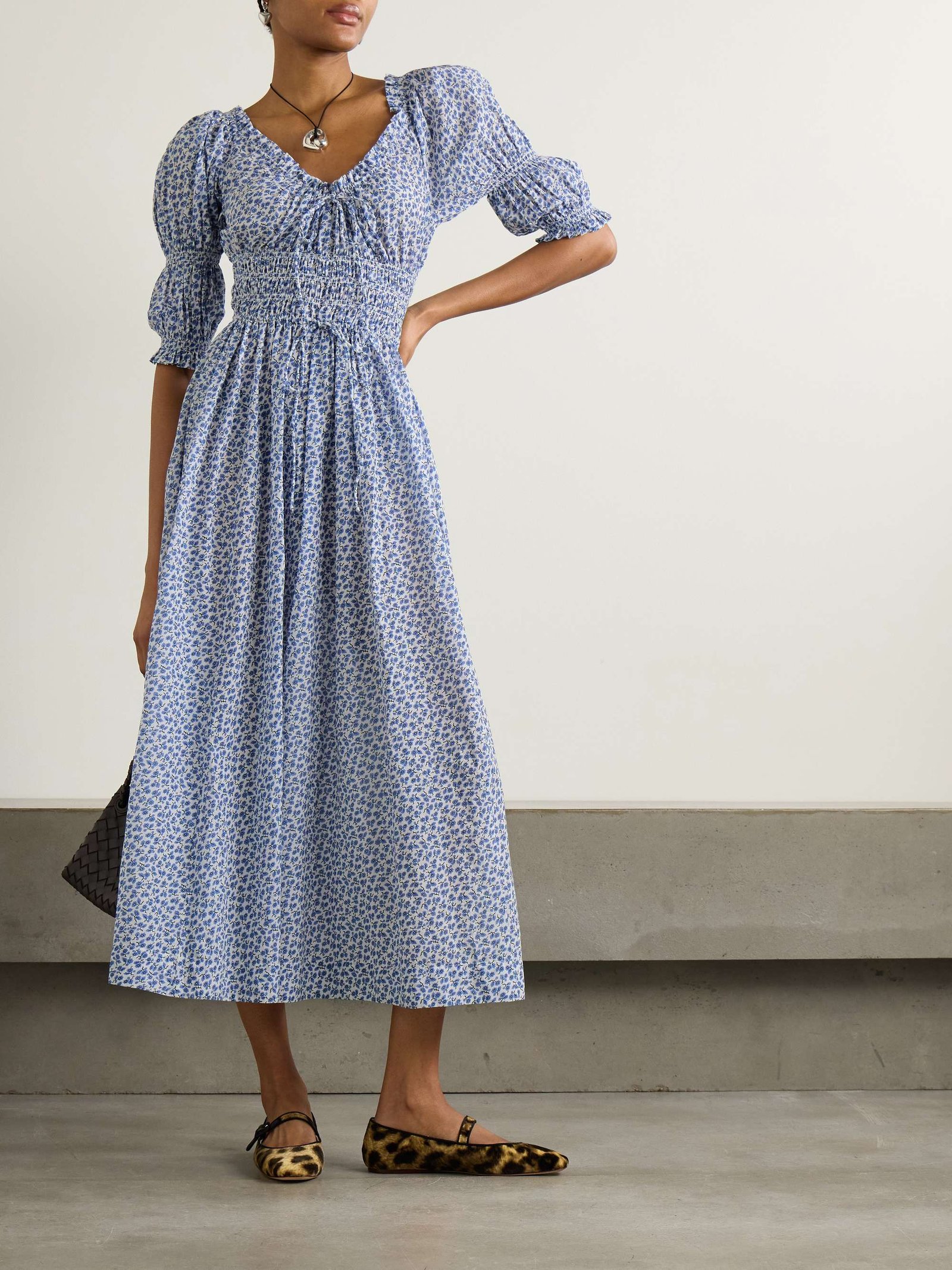 Ischia Shirred Floral-Print Organic Cotton-Voile Midi Dress