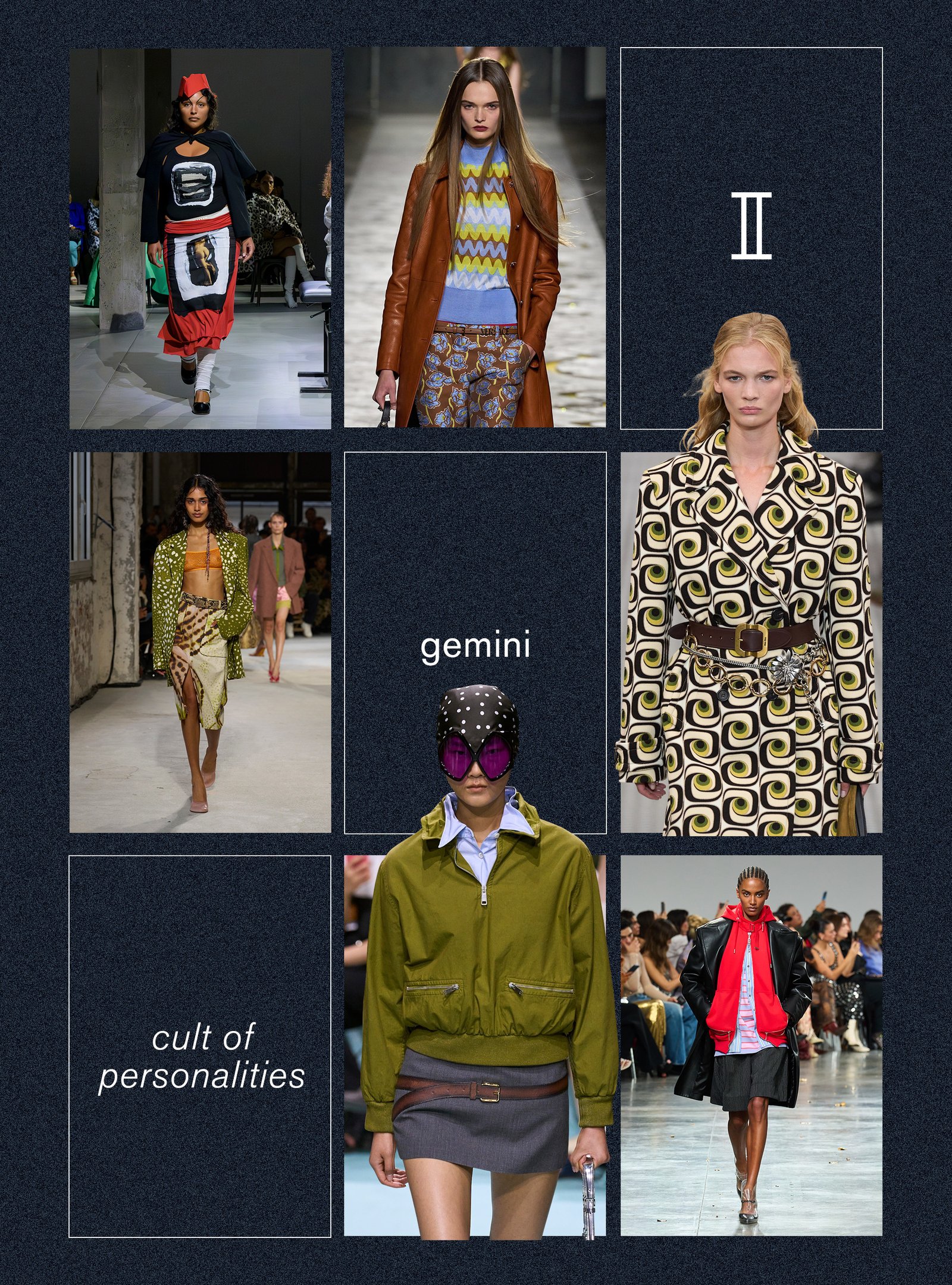Best spring trend for gemini zodiac sign shown in a collage depicting the return of personal style in the spring/summer 2025 runway shows of Marni, Versace, Miu Miu, Rabanne, Prada and Dries Van Noten