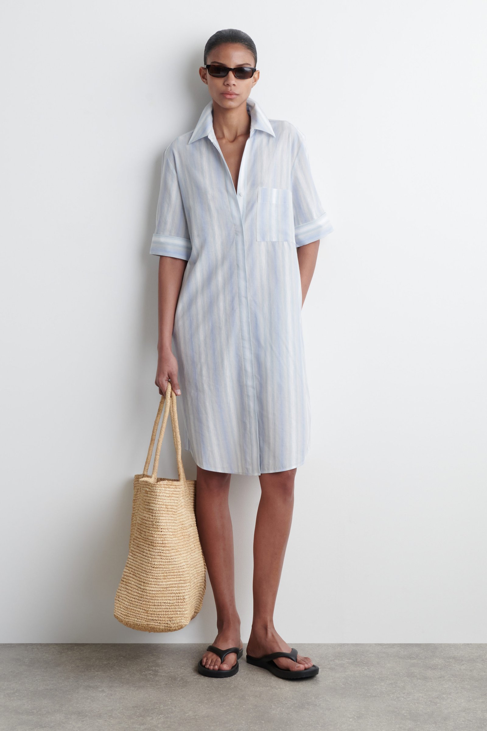Striped Short-Sleeved Shirt Dress