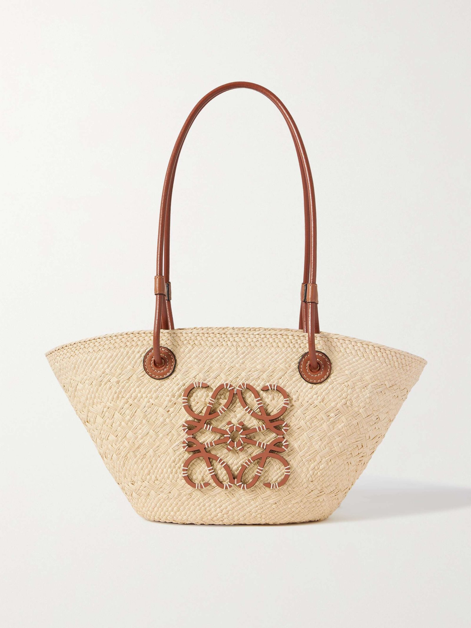 + Paula's Ibiza Anagram Small Leather-Trimmed Woven Raffia Tote