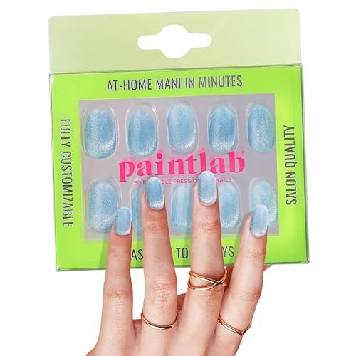 Paintlab Press-On Nails Manicure Kit, Blue Velvet Cat Eye, 30-Piece Set, Long-Lasting Fake Nails With Glue, File, Prep Pad & Cuticle Stick