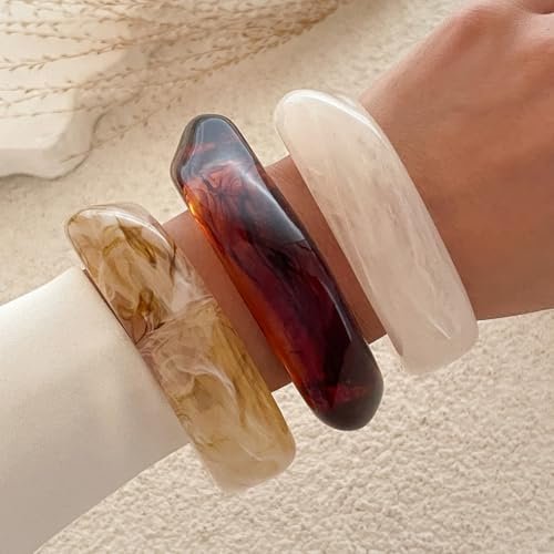 Acrylic Chunky Bangle Bracelets for Women, Irregular Punk Acrylic Resin Bangles Geometric Cuff Wide Wristband Bracelet Fashions Thick Acetate Statement Bangle Jewelry Set (3pcs)