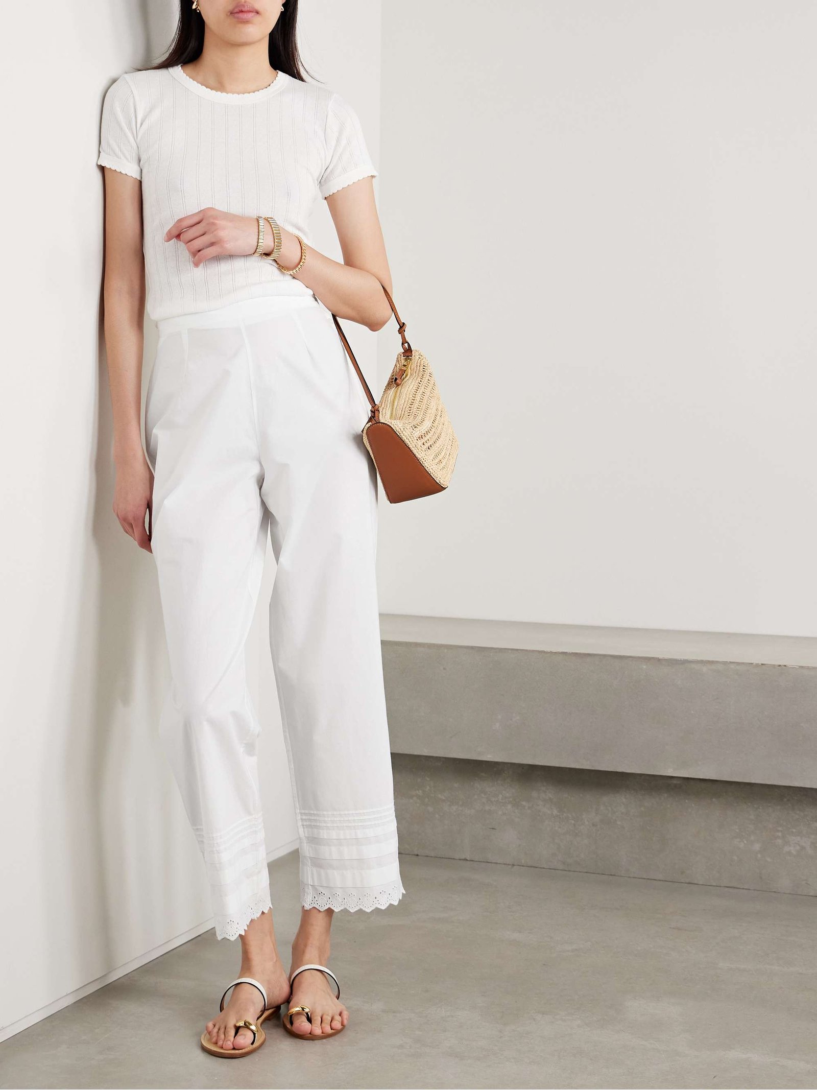 Francisca Broderie Anglaise-Trimmed Pintucked Organic Cotton-Poplin Straight-Leg Pants