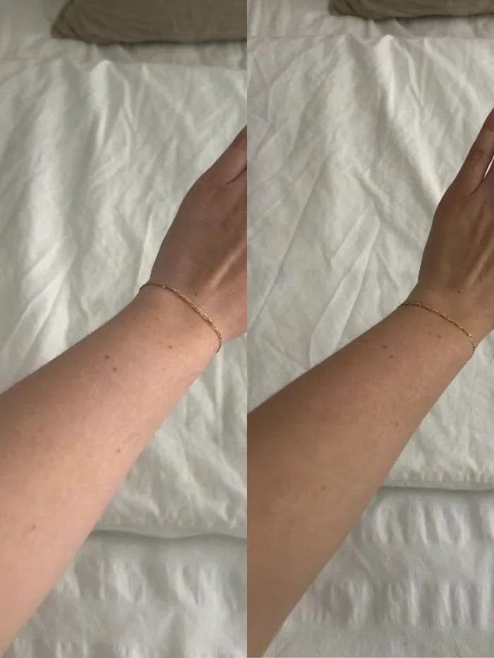 Junior beauty editor Grace Lindsay showing her arms before and after using the St. Tropez express fake tan