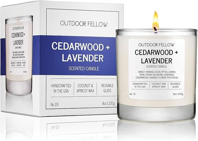 Outdoor Fellow, Outdoor Fellow Cedarwood and Lavender Scented Candle, 8oz, Coconut & Apricot Wax Blend, Sweet Orange, Lavender, Cedarwood, Reusable Glass, 40-50 Hour Burn Time