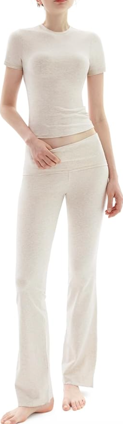 PUMIEY, Two Piece Sets Fold-Over Flare Pants Crew Neck Short Sleeve T-Shirt