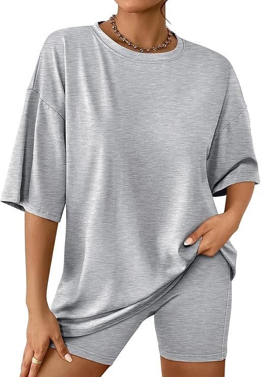 Automet Womens 2 Piece Sets Summer Outfits 2025 Two Piece Lounge Set Matching Clothing Oversized Tshirts Biker Short Fashion Grey S