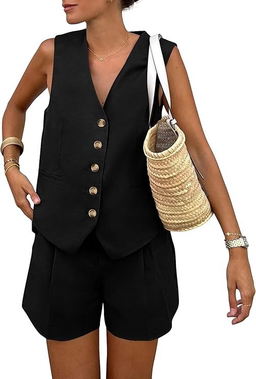 Prettygarden Women's 2 Piece Summer Matching Sets Button Front V Neck Vest Waistcoat Sleeveless Tops and Shorts With Pockets (black,medium)