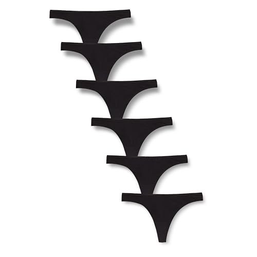 Amazon Essentials Cotton Thong Underwear for Women, Pack of 6, Black, Medium