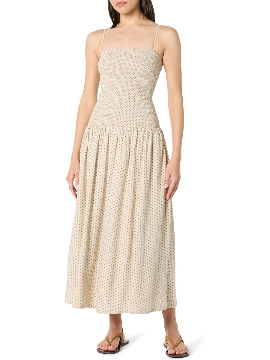 The Drop, The Drop Women’s Florencia Smocked Bodice Linen Maxi Dress, Whisper White/sepia Tint Polka Dot, L
