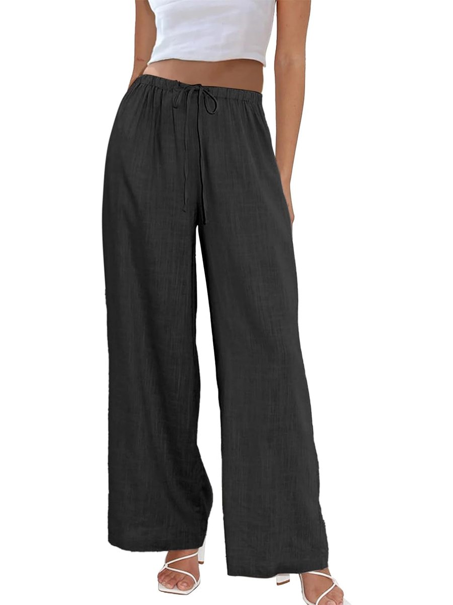 Duyang, Duyang Womens Cotton Linen Palazzo Pants Drawstring Elastic Waist Casual Wide Leg Trousers With Pockets(black,xs)